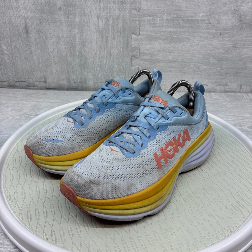Hoka Bondi 8 Running Shoes Women's 8 Blue Yellow Mesh Sneakers 1127952 SSCA